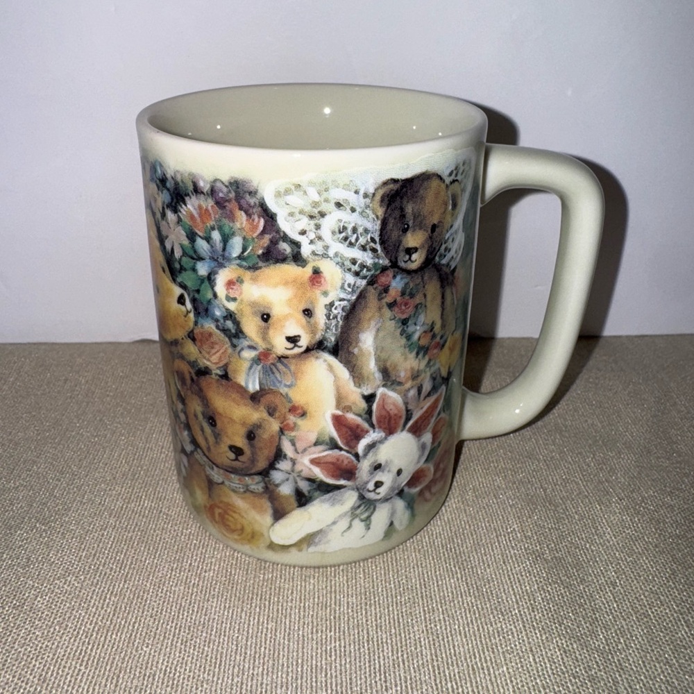 OTAGIRI Vintage Teddy Bear Mug & Flowers Cup Gift For Teddy Bears Lovers